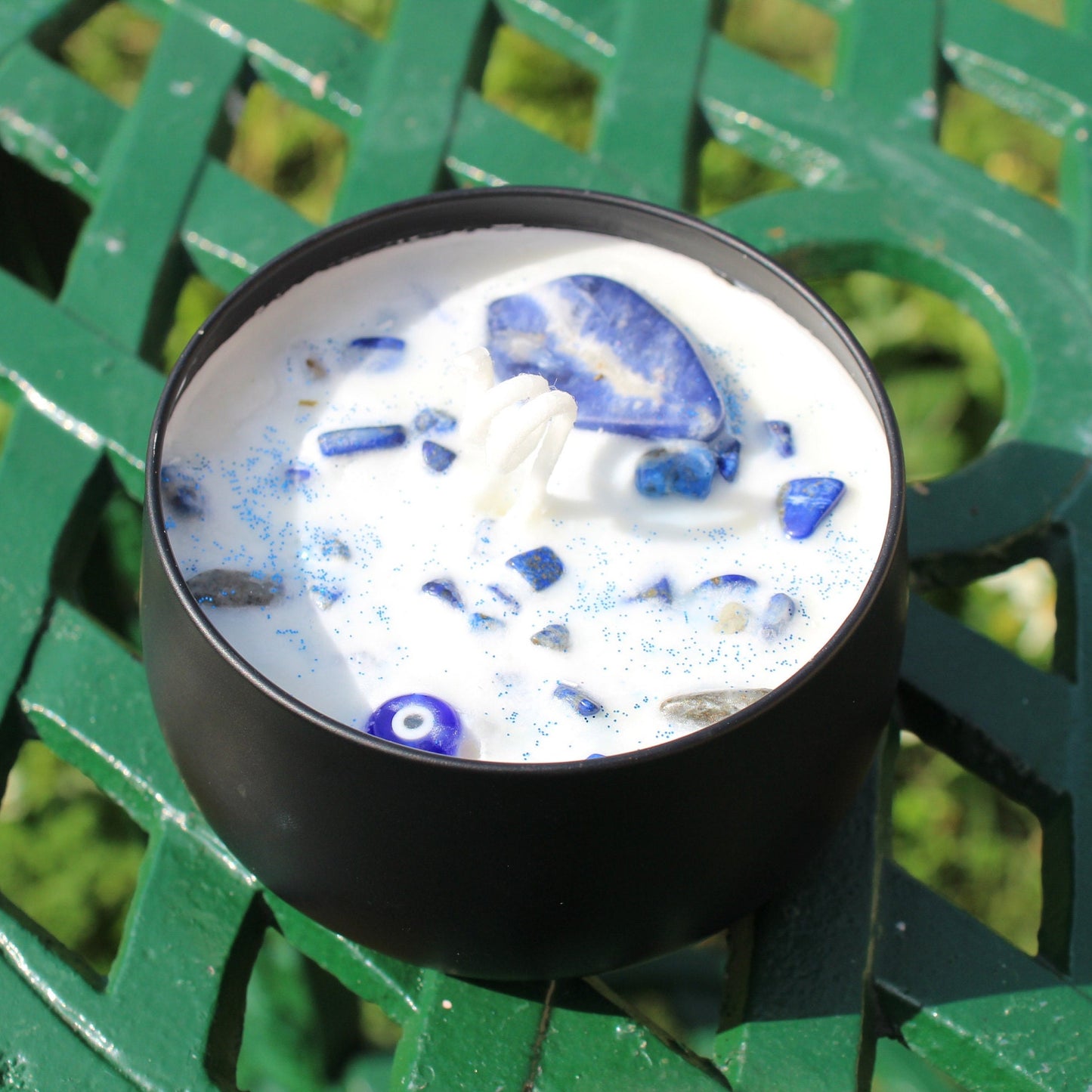 Evil Eye Protection Candle | Sodalite Tumble + Lapis Lapzuli Crystal Chips | Candle Magick Ritual Protection Spell