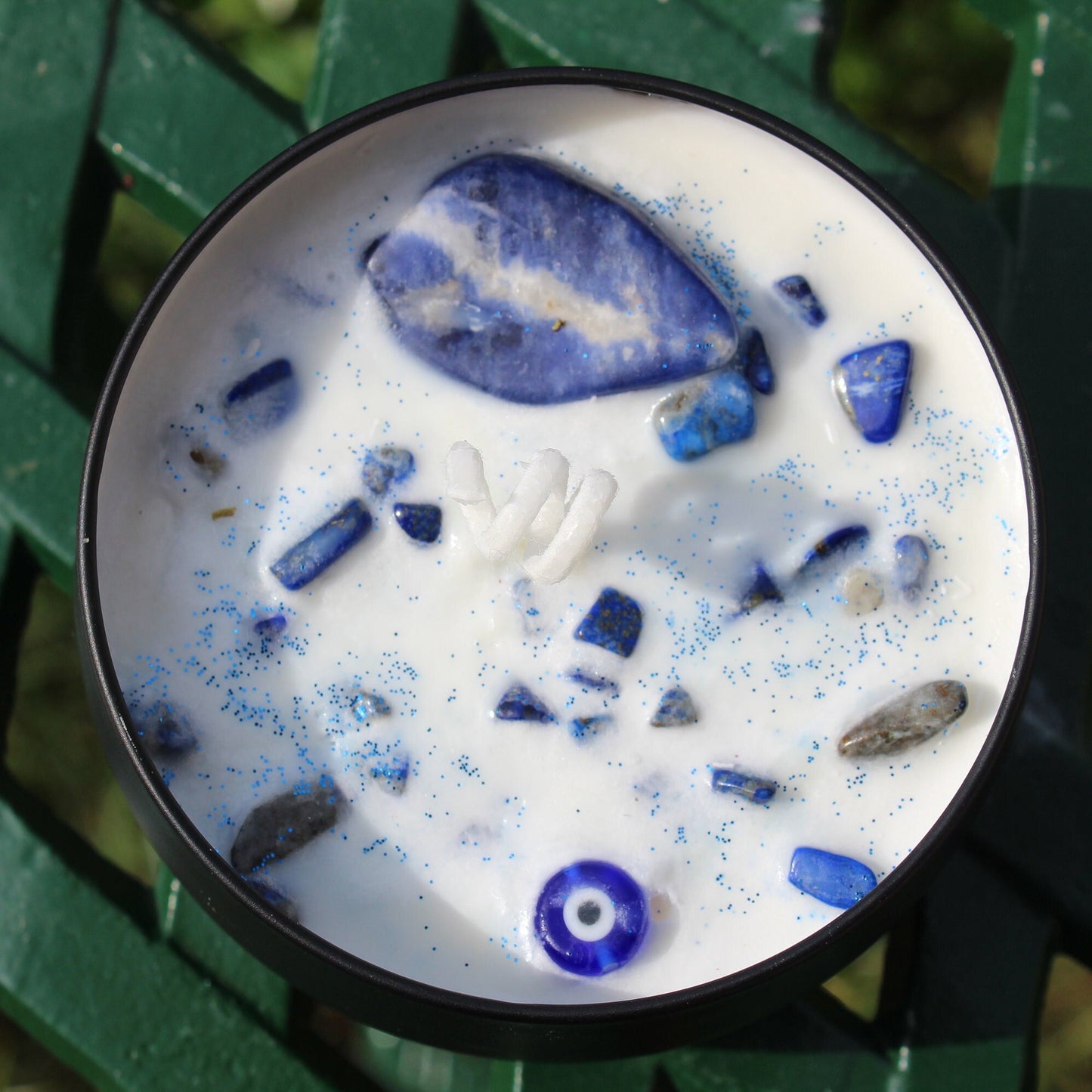 Evil Eye Protection Candle | Sodalite Tumble + Lapis Lapzuli  Crystal Chips | Candle Magick Ritual Protection Spell