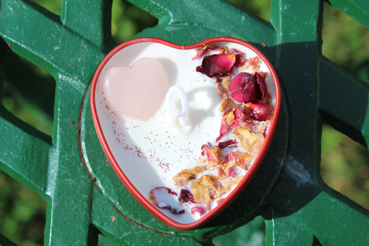 Love Spell Heart Tin 3.5oz Soy Wax Candle | Rose Quartz + Organic Rose Petal | Valentine's/ Galentine's Day Self Love Ritual