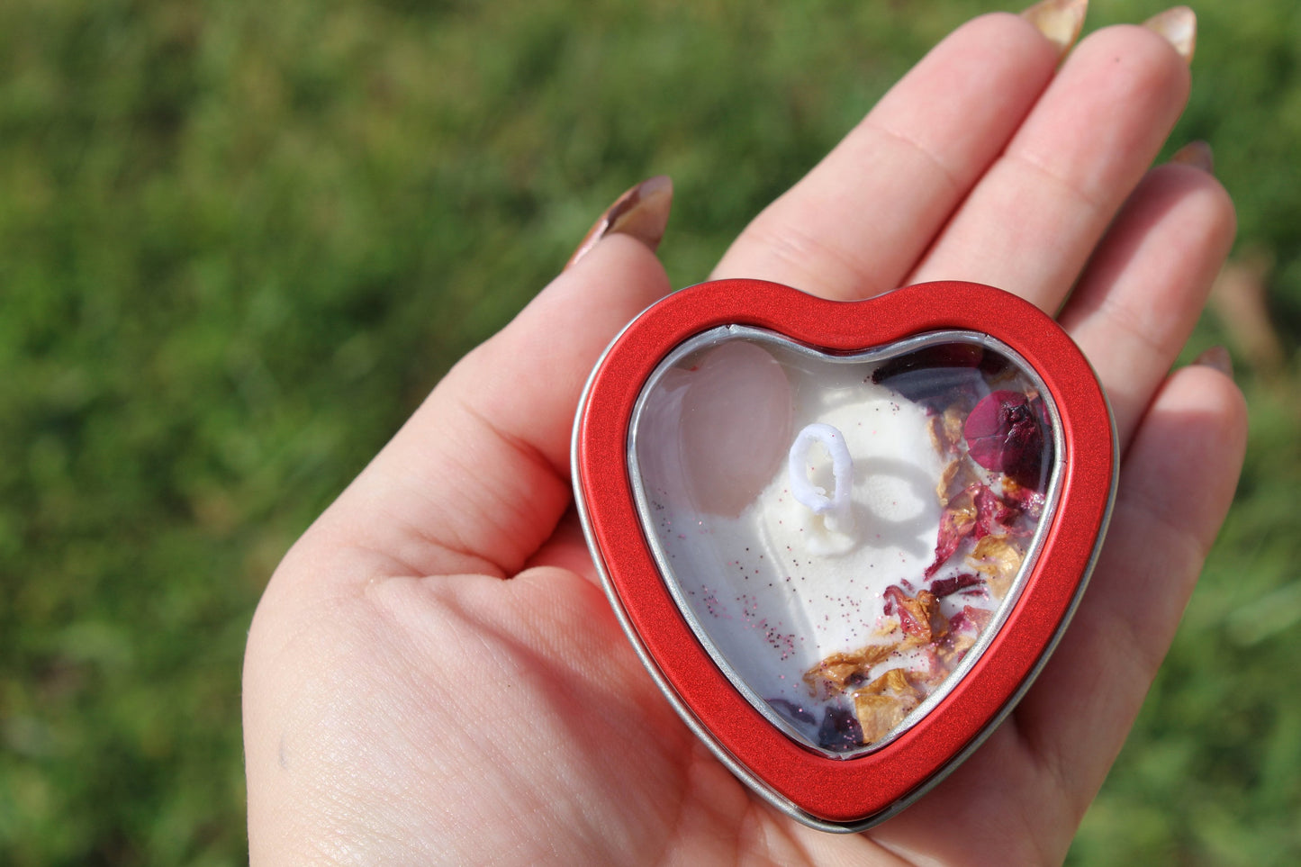 Love Spell Heart Tin 3.5oz Soy Wax Candle | Rose Quartz + Organic Rose Petal | Valentine's/ Galentine's Day Self Love Ritual