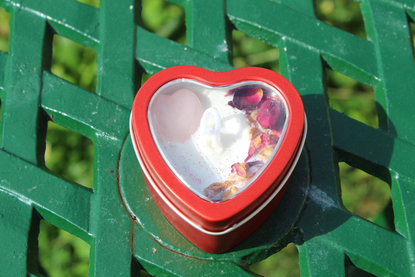 Love Spell Heart Tin 3.5oz Soy Wax Candle | Rose Quartz + Organic Rose Petal | Valentine's/ Galentine's Day Self Love Ritual