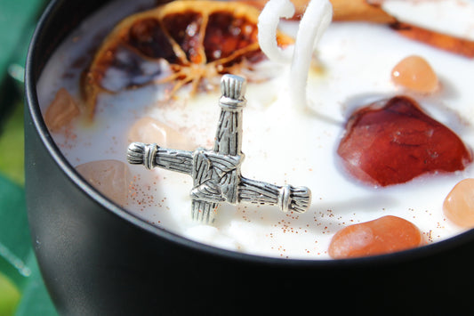 Brigid's Blaze Goddess Candle | Brigid Cross | Carnelian Orange Cinnamon Stick Soy Wax | Imbolc Sabbat Candle Magick Ritual Spell