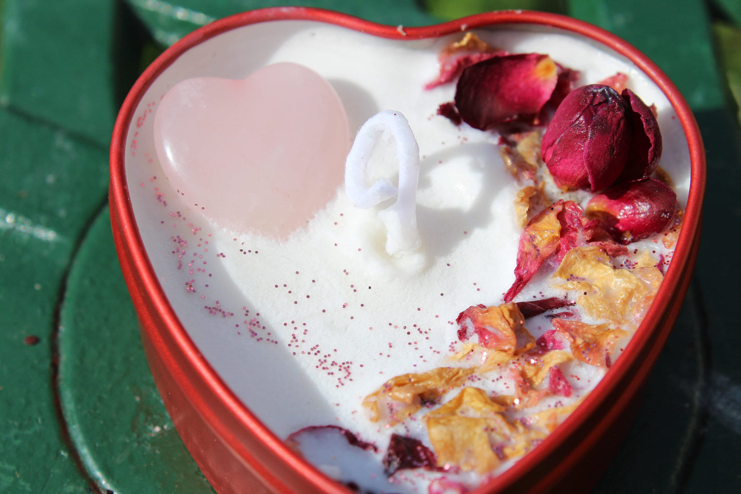 Love Spell Heart Tin 3.5oz Soy Wax Candle | Rose Quartz + Organic Rose Petal | Valentine's/ Galentine's Day Self Love Ritual