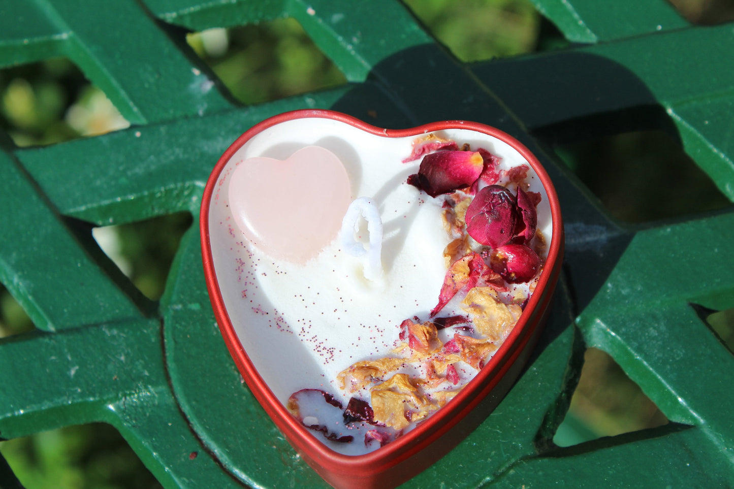 Love Spell Heart Tin 3.5oz Soy Wax Candle | Rose Quartz + Organic Rose Petal | Valentine's/ Galentine's Day Self Love Ritual